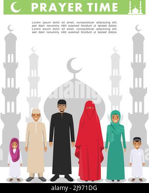 Temps de prière. Famille arabe debout ensemble dans des vêtements islamiques traditionnels sur fond avec silhouette mosquée et minarets dans le style plat. Le peuple arabe Illustration de Vecteur