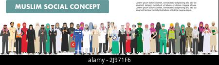 Arabe homme et femme différentes professions debout ensemble sur fond blanc dans le style plat. Design plat personnages de personnes. Concept social. UM Illustration de Vecteur