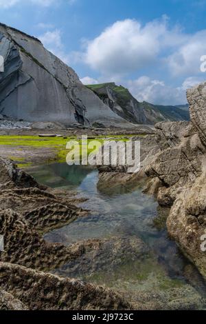 Vue verticale des formations rocheuses et des falaises de Flysch avec bassins de marée sur la côte basque près de Zumaia Banque D'Images