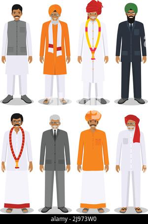 Illustration détaillée de différents hommes indiens debout dans les vêtements traditionnels indiens nationaux isolés sur fond blanc dans le style plat. Illustration de Vecteur