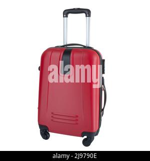 Vue latérale de la valise rouge isolée sur fond blanc avec passe-cheveux, grande valise à bagages en polycarbonate, grand sac de voyage en plastique Banque D'Images