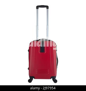 Vue avant de la valise rouge avec long manche télescopique isolé sur fond blanc avec passe-cheveux, grande valise à bagages en polycarbonate, énorme plastique Banque D'Images
