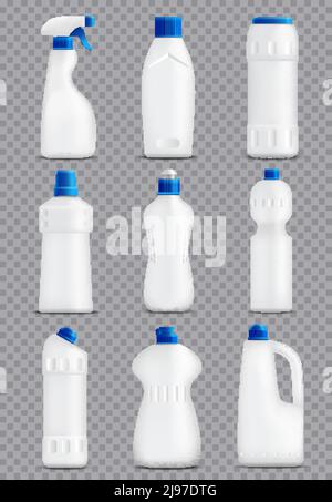 Flacons de détergent ensemble réaliste de formes d'emballage en plastique pour le ménage illustration vectorielle des produits chimiques avec différents bouchons de pompe Illustration de Vecteur