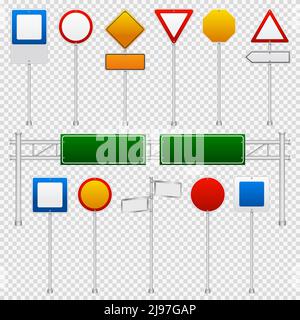 Des modèles vierges réalistes de signalisation routière et d'avertissement sont mis en place en couleur sur une illustration vectorielle transparente en arrière-plan Illustration de Vecteur