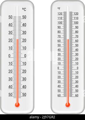 Jeu de thermomètres météorologiques blancs réalistes avec échelles celsius et fahrenheit, illustration vectorielle isolée avec indicateur rouge mercurial Illustration de Vecteur