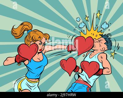 Une femme bat un homme. Boxer femme valentine's day Heart gants, fortes émotions sentiments Illustration de Vecteur