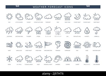 Icônes météo. Collection d'icônes météo. 50 icônes doodle avec les indications les plus courantes dans n'importe quelle partie météorologique, comme le soleil, la pluie, le vent, Illustration de Vecteur