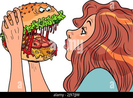 Le personnage de Monster Burger mord une femme dans un restaurant, l'humour fast food Illustration de Vecteur