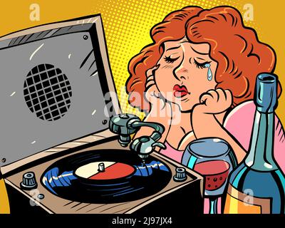 Une triste femme aux cheveux rouges écoute de la musique sur le gramophone et boit du vin. Soirée solitaire. Plaque Illustration de Vecteur