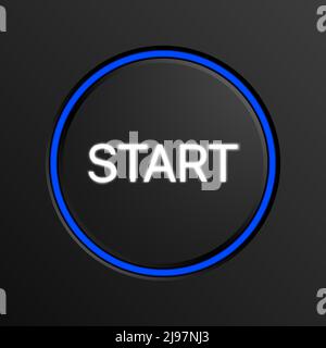 Bouton Démarrer avec un cercle bleu isolé sur fond noir. Motif vectoriel élégant avec bouton de démarrage. Illustration de Vecteur