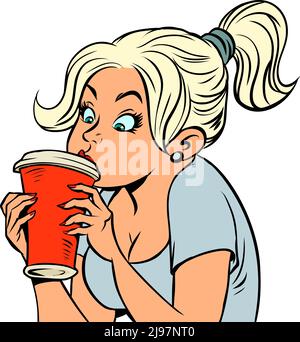 Une belle fille boit une boisson chaude ou froide dans une tasse de papier. Vivacité du matin Illustration de Vecteur
