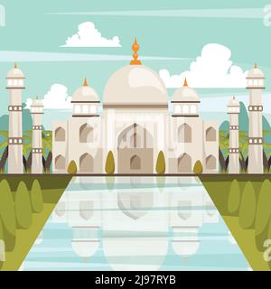 Inde composition orthogonale avec construction du mausolée taj mahal reflétée dans l'eau d'une piscine en marbre, illustration vectorielle plate Illustration de Vecteur