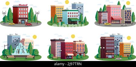 Compositions estivales colorées et urbaines avec zone commerçante du centre-ville parc d'hôtels résidentiel maisons isolées illustration vectorielle Illustration de Vecteur