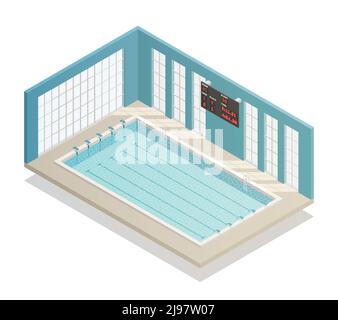 Piscine, voies profondes pour la salle de bains avec tableau électronique, isométriques et illustration vectorielle de la vue intérieure isométrique avec murs carrelés Illustration de Vecteur