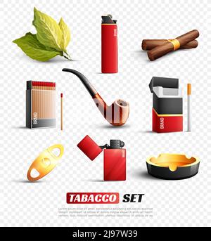 Ensemble de produits et accessoires du tabac, y compris les cigares, les cigarettes, les briquets et le cendrier, isolés sur une illustration vectorielle transparente Illustration de Vecteur