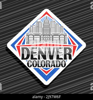 Logo Vector pour Denver, panneau de route blanc avec illustration simple de la ville de denver paysage sur fond de ciel de jour, aimant de réfrigérateur décoratif avec Illustration de Vecteur