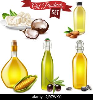 Ensemble réaliste de produit d'huile de noix de coco amande tournesol olive et illustration vectorielle d'huile de maïs en bouteille dans un plat en verre Illustration de Vecteur