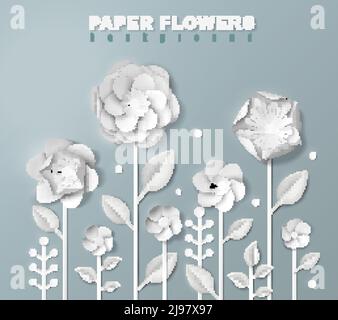Des fleurs de papier blanc réaliste de forme différente sur les tiges avec feuillage sur fond gris illustration du vecteur 3d Illustration de Vecteur