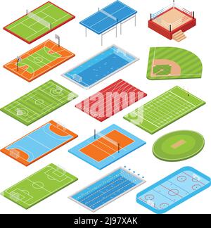 Clubs de sport football terrains de football Isométrique collection d'icônes avec basket-ball courts de tennis, boxe, piscine, illustration vectorielle Illustration de Vecteur