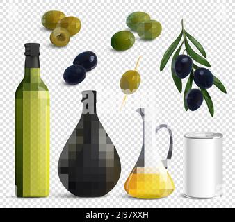 Jeu d'olives et d'huile réalistes dans un pot, emballage pour les produits isolés sur une illustration vectorielle transparente Illustration de Vecteur