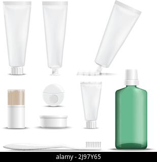 Produits réalistes pour le soin des dents ensemble d'icônes avec brosse à dents, dentifrices, soie dentaire, cure-dents, illustration vectorielle isolée par bain de bouche Illustration de Vecteur