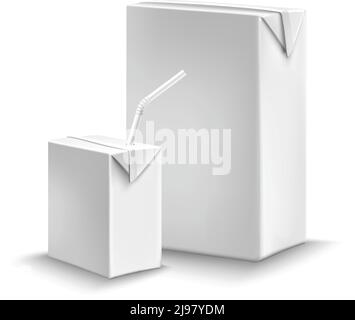 Kit d'emballage de jus ou de lait liquide avec boîtes en carton avec illustration du vecteur de paille à boire Illustration de Vecteur