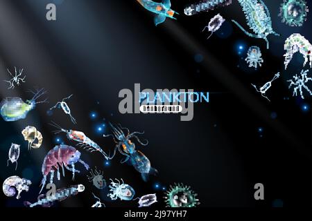 Le fond abstrait du plancton avec différents petits organismes marins les deux phytoplancton et l'illustration du vecteur de dessin animé zooplancton Illustration de Vecteur