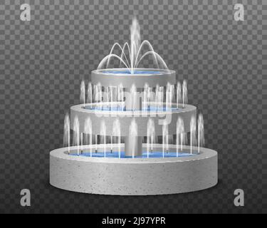 Jardin à trois niveaux extérieur style moderne fontaine d'eau décorative réaliste image sur une illustration vectorielle d'arrière-plan sombre et transparente Illustration de Vecteur