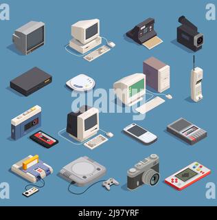 Différents gadgets rétro Isométrique icônes ensemble avec l'enregistreur de lecteur d'ordinateur illustration vectorielle isolée 3d de la caméra du téléphone de la console Illustration de Vecteur