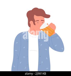 Jeune homme boit bière verre mug. S'amuser avec l'illustration vectorielle de boisson alcoolisée Illustration de Vecteur