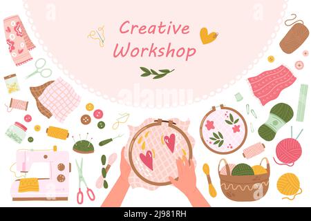 Cours de maître d'art créatif, leçon et atelier pour les enfants illustration du vecteur de bannière. Mains de dessin animé tenant le cerceau avec la broderie, des outils pour coudre et tricoter le fond. Éducation, concept de passe-temps Illustration de Vecteur