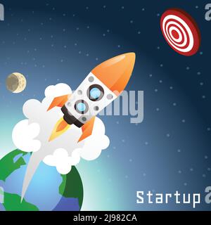 Concept de démarrage d'entreprise avec lancement de fusée à plat à partir de la terre illustration vectorielle Illustration de Vecteur