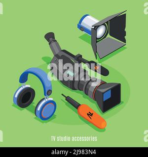 Accessoires studio TV fond isométrique avec microphone pour casque d'appareil photo professionnel illustration vectorielle des icônes de dispositifs d'éclairage Illustration de Vecteur