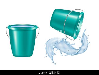 Ensemble réaliste de seau en plastique avec illustration vectorielle isolée de l'eau de déversement Illustration de Vecteur