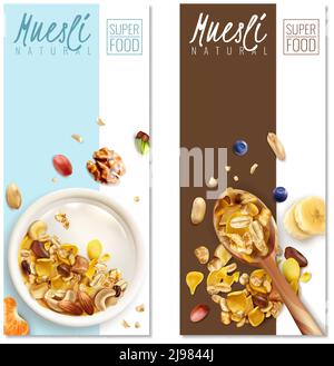 Muesli aliments sains 2 bannières verticales réalistes avec bol à lait cuillère flocons d'avoine rôtis illustrations vectorielles Illustration de Vecteur