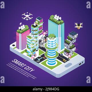 Composition isométrique urbaine intelligente avec technologie urbaine et symboles énergétiques illustration du vecteur isométrique Illustration de Vecteur