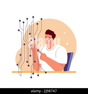 Homme fixant l'équipement technique. Différents types de mentalité mentale. Personnes avec la pensée technique, logique. Comportement mental, perception mentale, concept psychologique. Illustration isolée à vecteur plat. Illustration de Vecteur