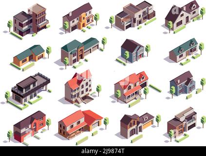 Bâtiments suburbiens composition isométrique avec seize images isolées de moderne maisons résidentielles avec garages et illustrations vectorielles d'arbres Illustration de Vecteur