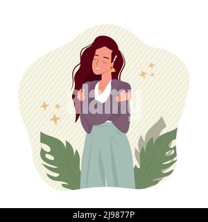 Illustration de vecteur de concept de fierté de soi, d'acceptation de soi, d'image de soi positive et de confiance. Femme d'affaires regardant dans un miroir. Estime, perception positive de soi, rôle social, psychologie individuelle. Illustration de Vecteur