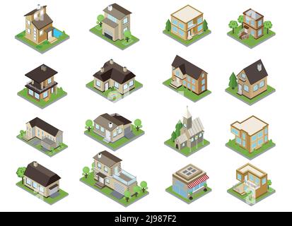 Les monuments de la banlieue se trouvent dans des maisons de ville et une église isométrique isolée illustration vectorielle Illustration de Vecteur