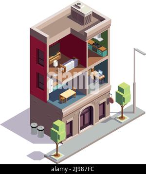 Maisons de ville composition isométrique avec vue de profil de l'habitation urbaine maison avec pièces séparées et mobilier illustration vectorielle Illustration de Vecteur