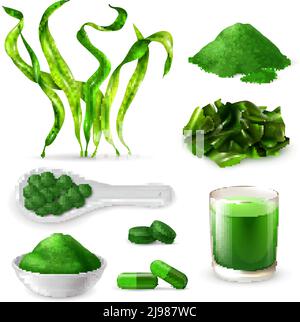 Spirulina Realistic Set avec algue supplément capsules boissons comprimés vert illustration vectorielle d'algues séchées hachées en poudre bleue Illustration de Vecteur