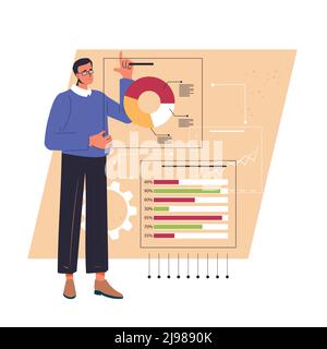 Homme avec la pensée logique, analytique, stratégique, structurelle. Différents types de mentalité mentale. Comportement mental, perception mentale, concept psychologique. Illustration vectorielle plate couleur isolée sur blanc. Illustration de Vecteur