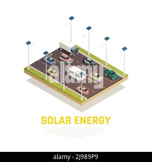 Concept de l'énergie solaire avec des batteries de voitures et vecteur isométrique de route illustration Illustration de Vecteur