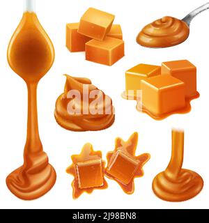 Ensemble d'icônes de bonbons au caramel réalistes avec un liquide crémeux et crémeux illustration vectorielle goutte de caramel Illustration de Vecteur