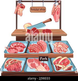 Esquisser le concept d'atelier de boucher avec couteau sur panneau en bois et découpe de pièces de viande de porc sur l'illustration du contre-vecteur Illustration de Vecteur