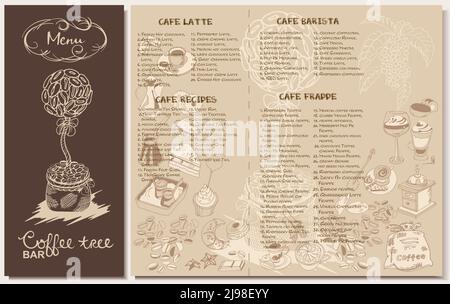 Modèle de menu de restaurant de café Doodle avec différents types d'équipement de recettes illustration vectorielle des desserts et épices Illustration de Vecteur