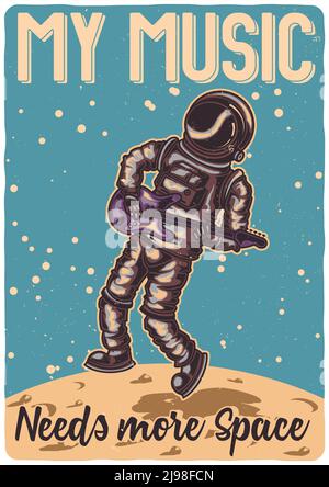 T-shirt ou affiche avec illustration d'un astronaute avec une guitare sur la lune. Illustration de Vecteur