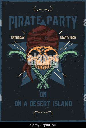 T-shirt ou affiche avec illustration du crâne de pirate avec canons. Illustration de Vecteur