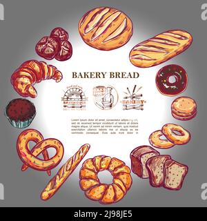 Dessin de produits de boulangerie concept rond avec pain de baguette française croissant bretzel muffin beignets bagels et badges bakehouse illustration vectorielle Illustration de Vecteur
